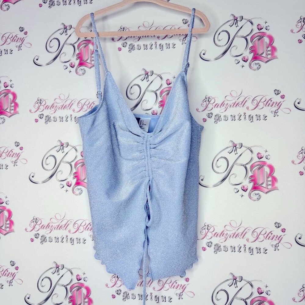 Divided fairy tank open front sexy Shimmery Blue Ruched Tank Top